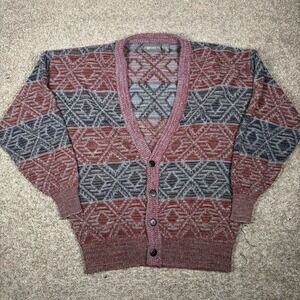 Vintage JT Beckett Cardigan Sweater Men Large Red Geometric Grandpa Wool Blend